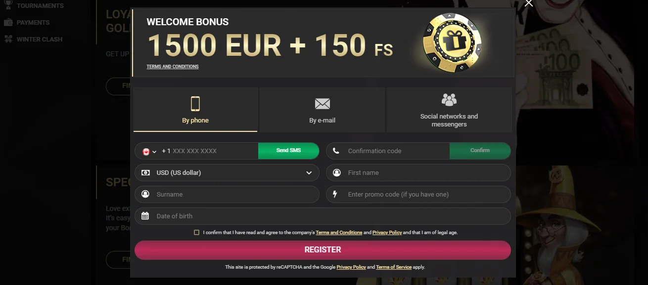 Registration at 1xSlots Casino