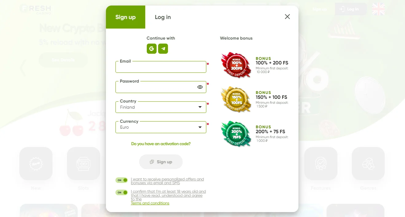 Registration at Fresh Casino