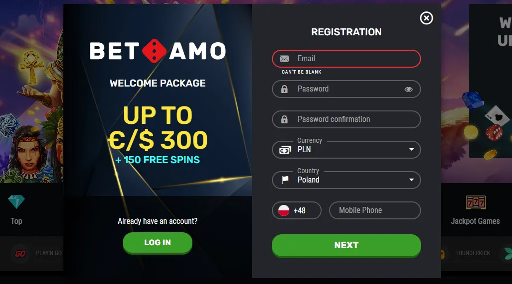 Registration at BetAmo Casino