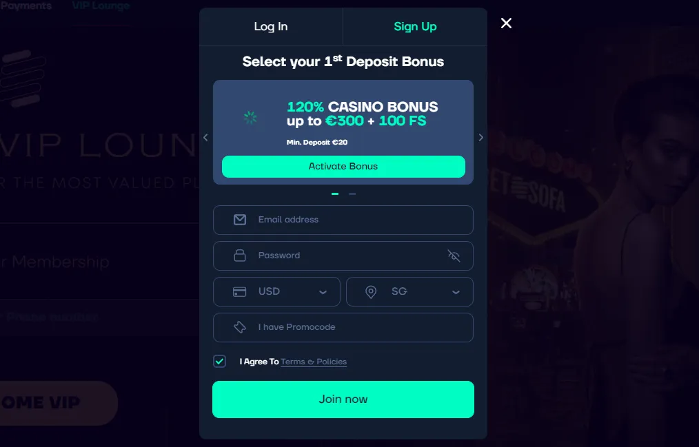 Registration at Betsofa Casino