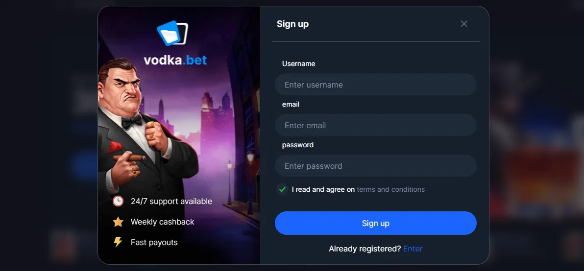 Registration at Vodka Bet Casino