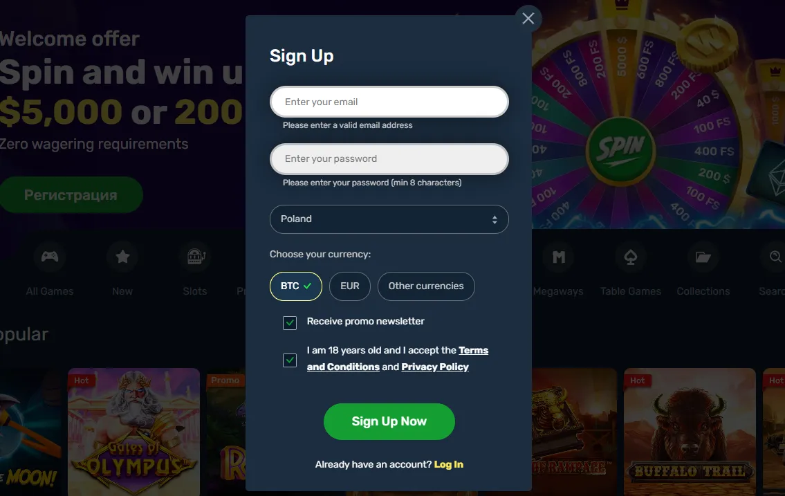 Registration at Winz Casino