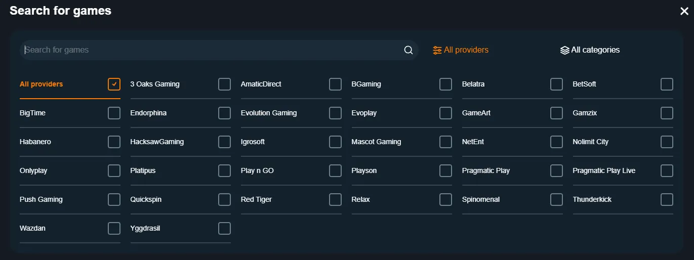 Selection of Games and Providers