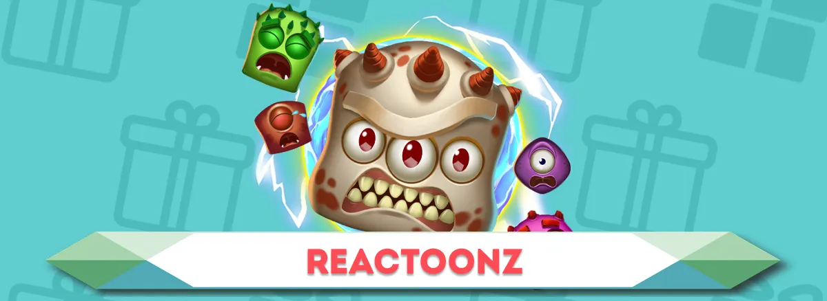 Reactoonz slot game interface showing colorful alien symbols and grid layout